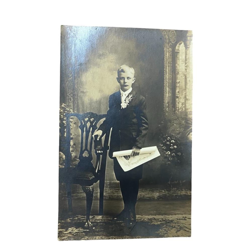 Vintage PHOTO Postcard VICTORIAN DRESSED BOY LEATHER BOOTS Ephemera 3.5” X 5.5”